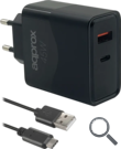 CARGADOR USB DE VIAJE/PARED 1xUSB/USB-C + CABLE USB-A A USB-C 45W NEGRO APPROX